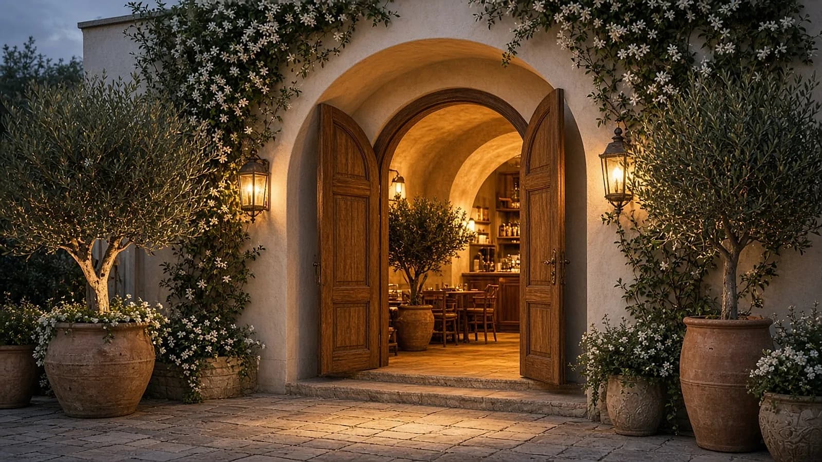 The arched entrance at dusk, doors open with warm light spilling out between lanterns, jasmine and potted olive trees.
