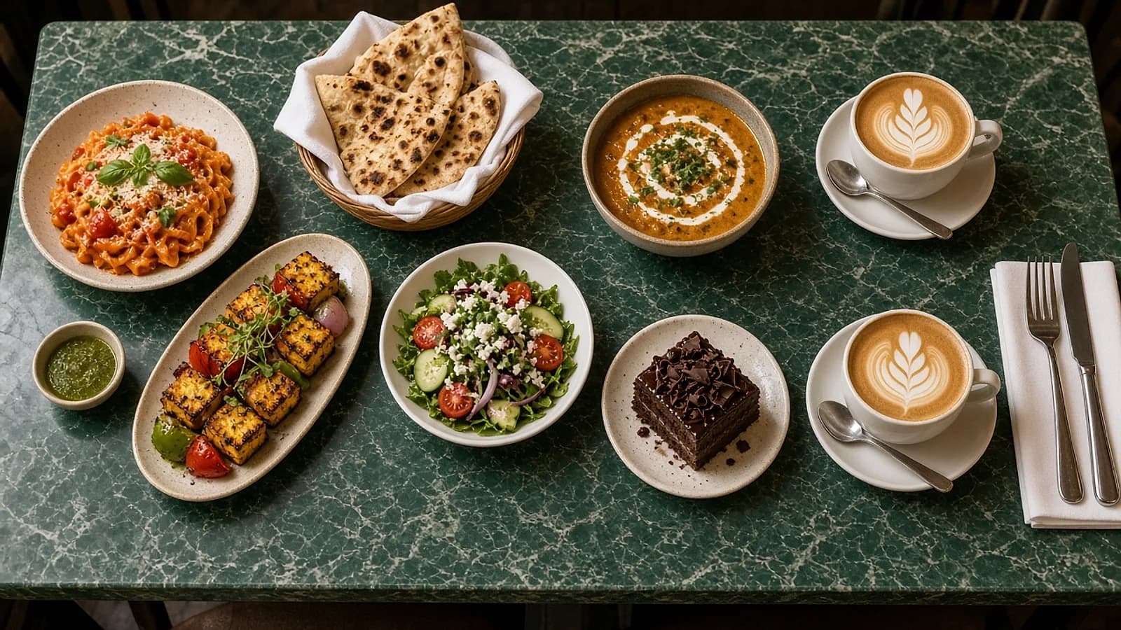 A long green marble table laid with pasta, paneer tikka, flatbreads, salad, curry, cappuccinos and a chocolate cake.