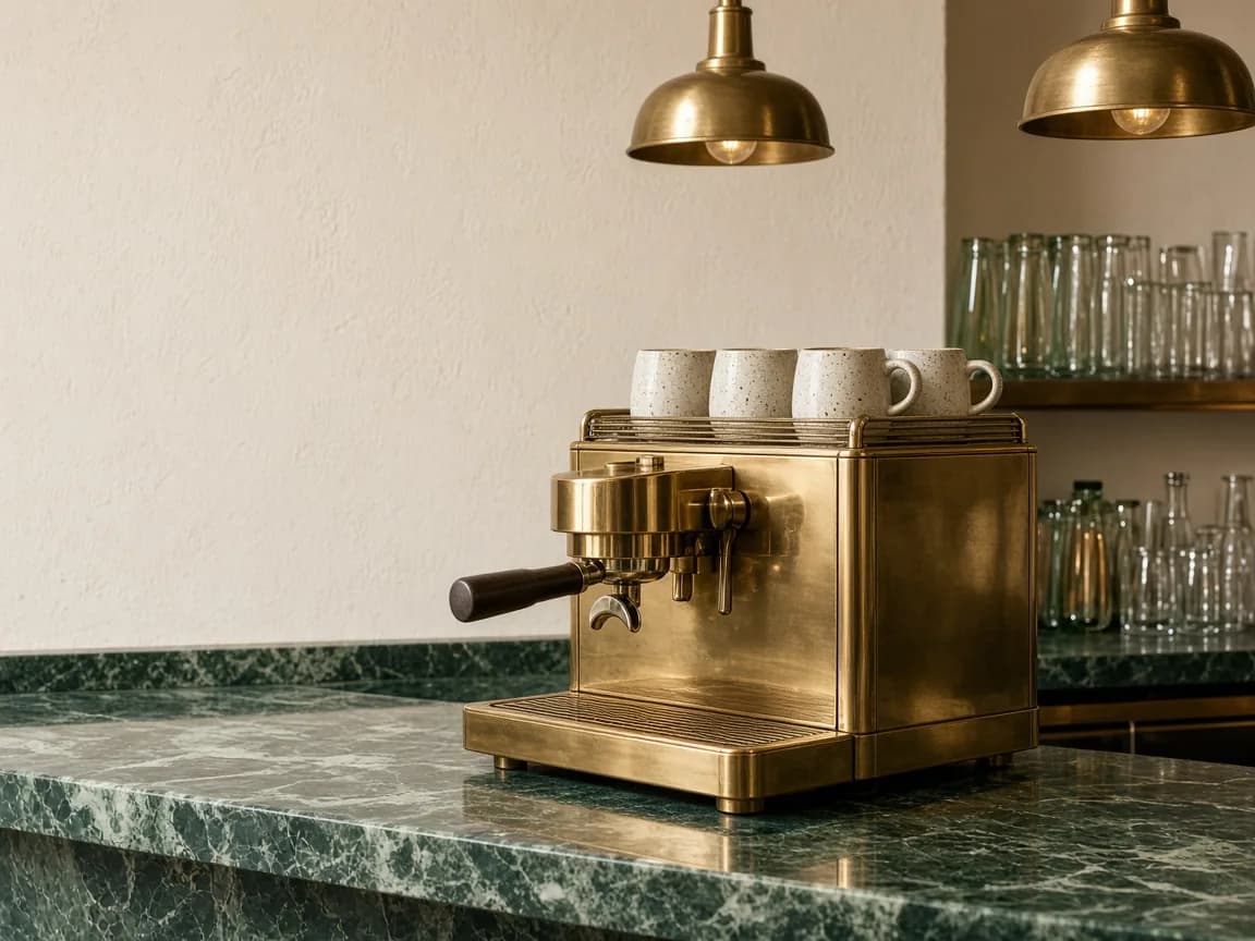 A brass espresso machine on a green marble counter, speckled cups warming on top, brass pendant lights and glassware behind.