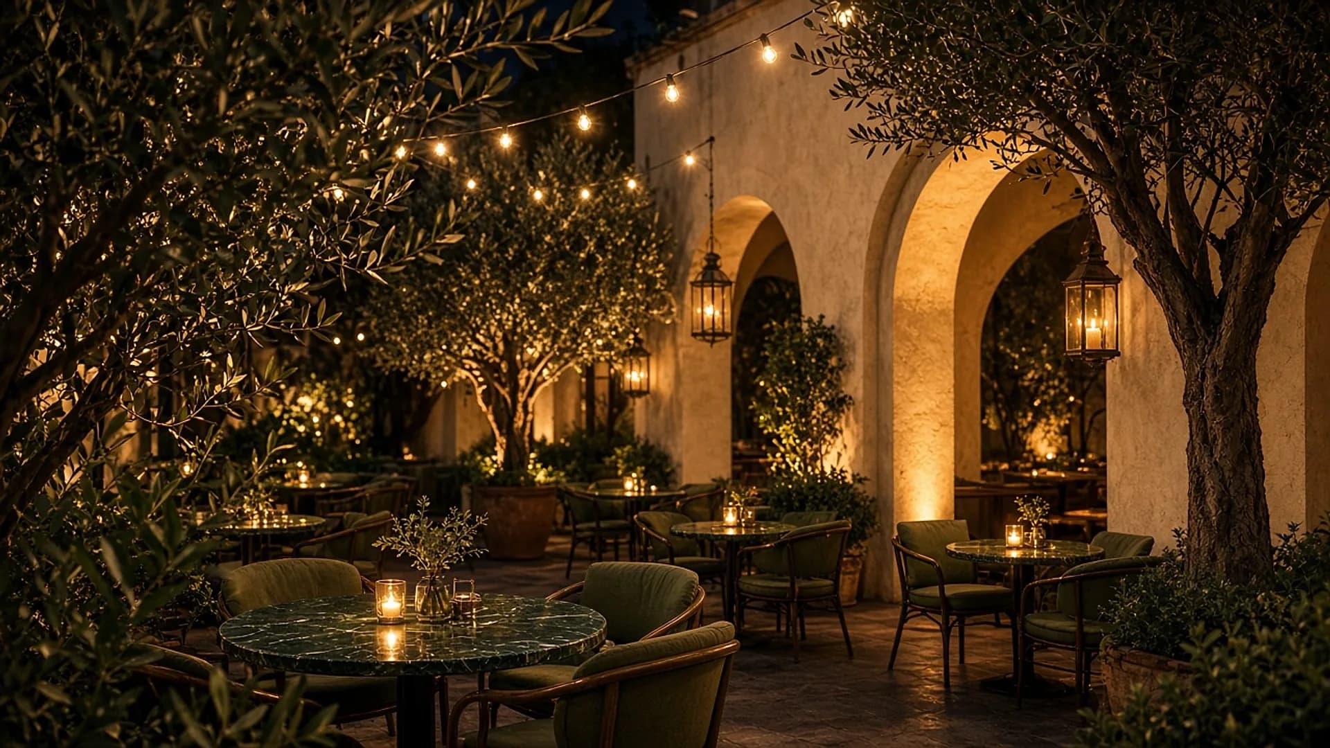 The courtyard at night, lit by lanterns and string lights through olive trees, with candlelit green marble tables.