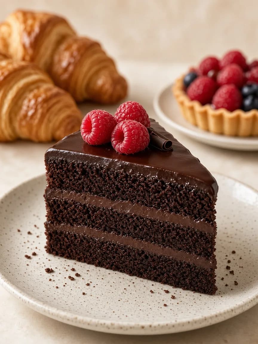 A slice of dark chocolate layer cake with raspberries on a speckled plate, with croissants and a berry tart behind.