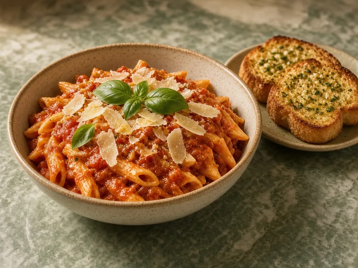 A bowl of penne in slow-cooked tomato sauce with shaved parmesan, basil and toasted garlic bread on green marble.