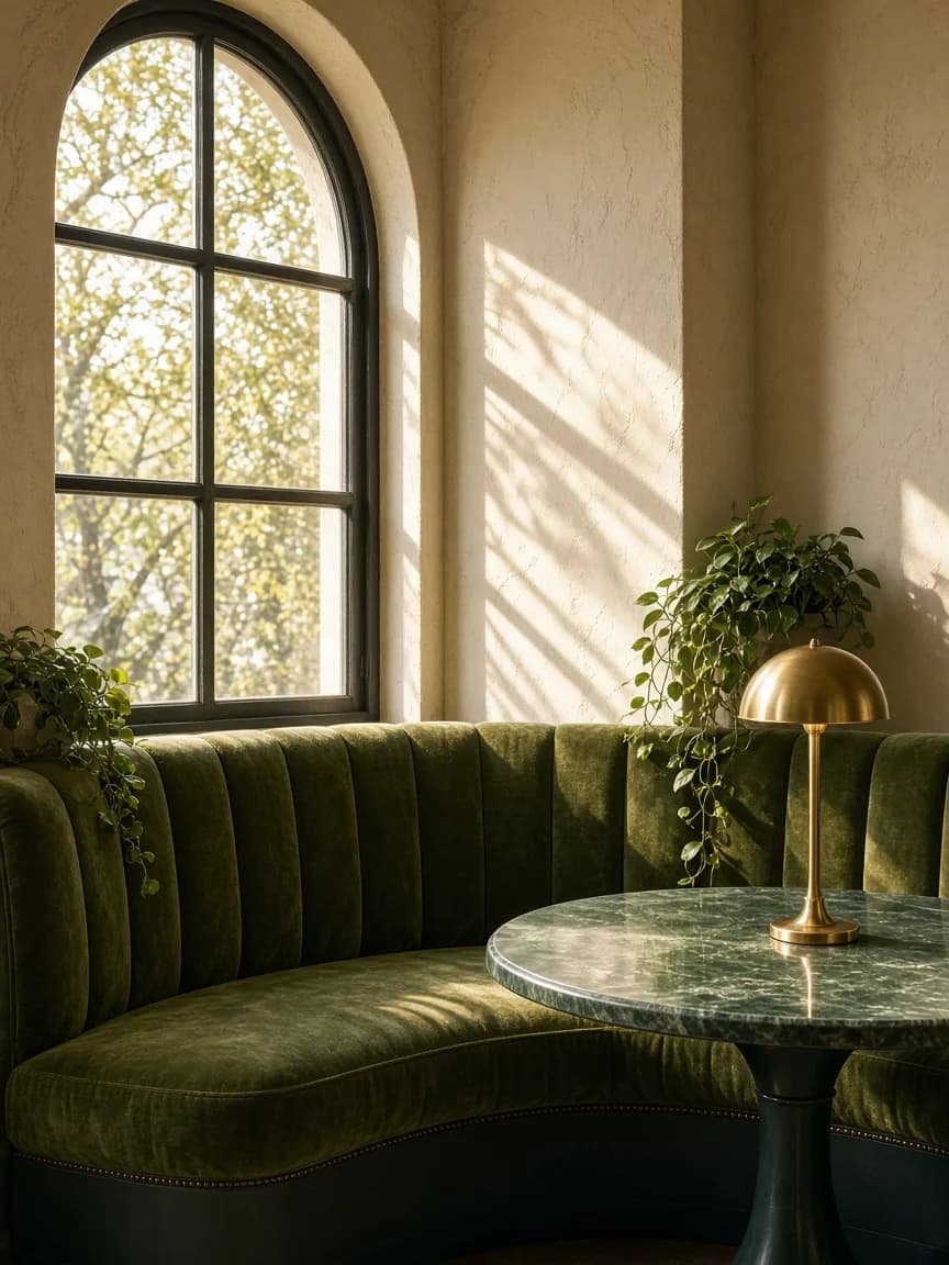 A curved olive-green velvet banquette beneath a tall arched window, with a green marble table, a brass lamp and a trailing plant above.