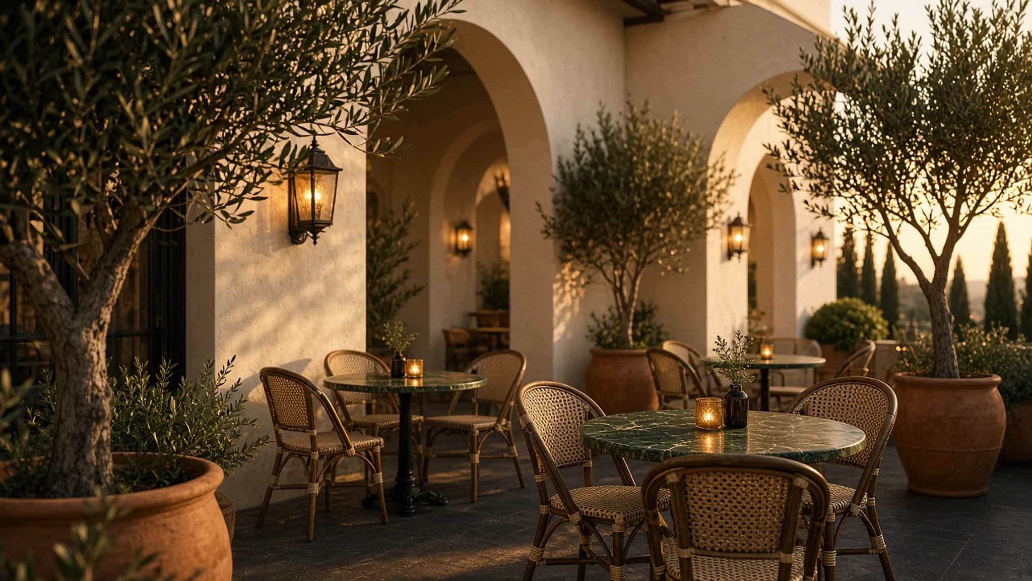 Warm, lantern-lit courtyard of the cafe at dusk, with arched doorways, olive trees and green marble tables.
