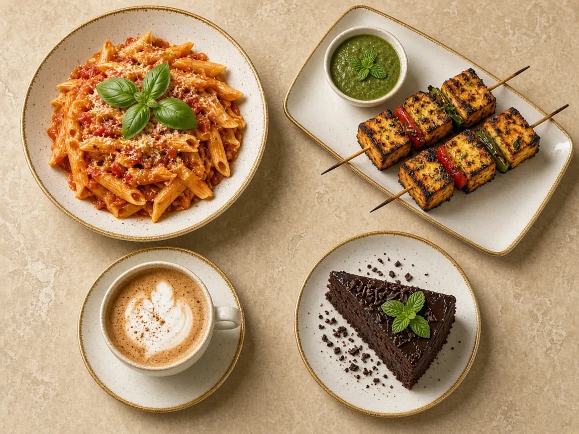 Overhead spread of penne in tomato sauce, paneer tikka skewers with mint chutney, a slice of chocolate cake and a cappuccino on warm stone.