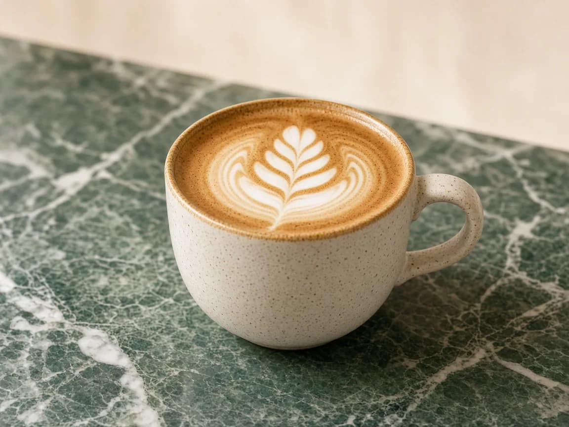 A speckled cream cup with a green rim holding a cappuccino with rosetta latte art, resting on green marble.